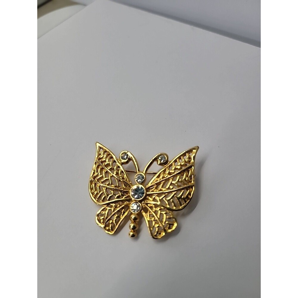 Vintage Gold Tone Butterfly Brooch Rhinestone Filigree Wings Statement Pin
